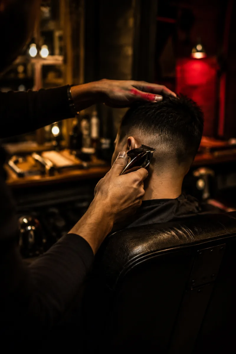 Barbero afeitando el degradado de un cliente en su sillón